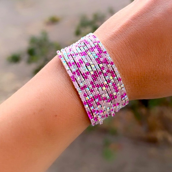 SC JEWELRY Jewelry - Rhinestone Crystal Layered Stretch Bracelets | 12 PCS (Pink)